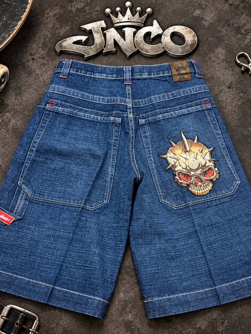 JNCO Spiked Skull Baggy Denim Shorts 29 Wide Leg Jorts Skater Grunge Y2K Style